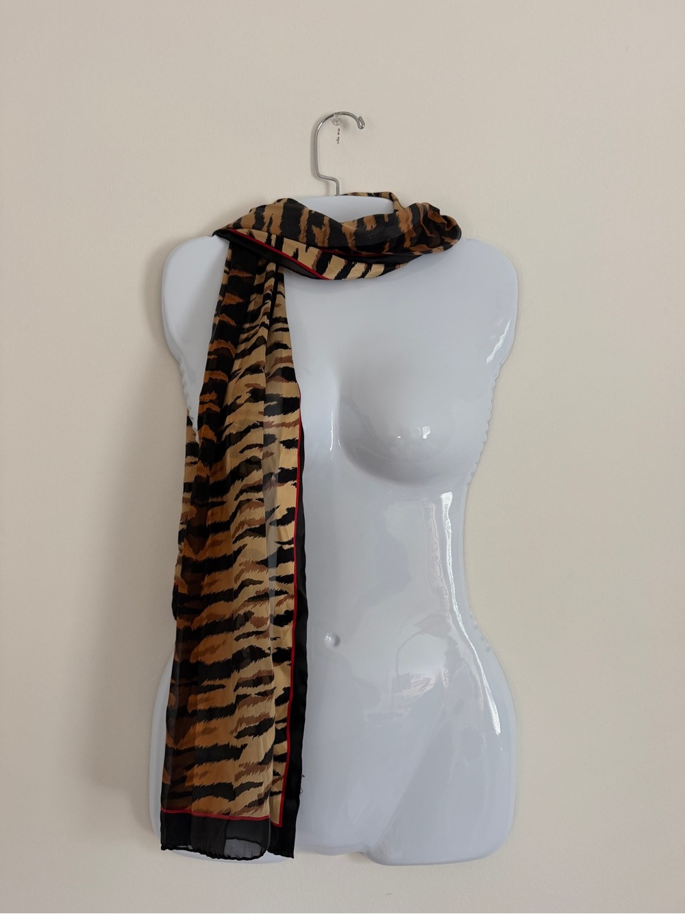 bill blass Animal Print Scarf in Tan, Brown & Black with Red Trim